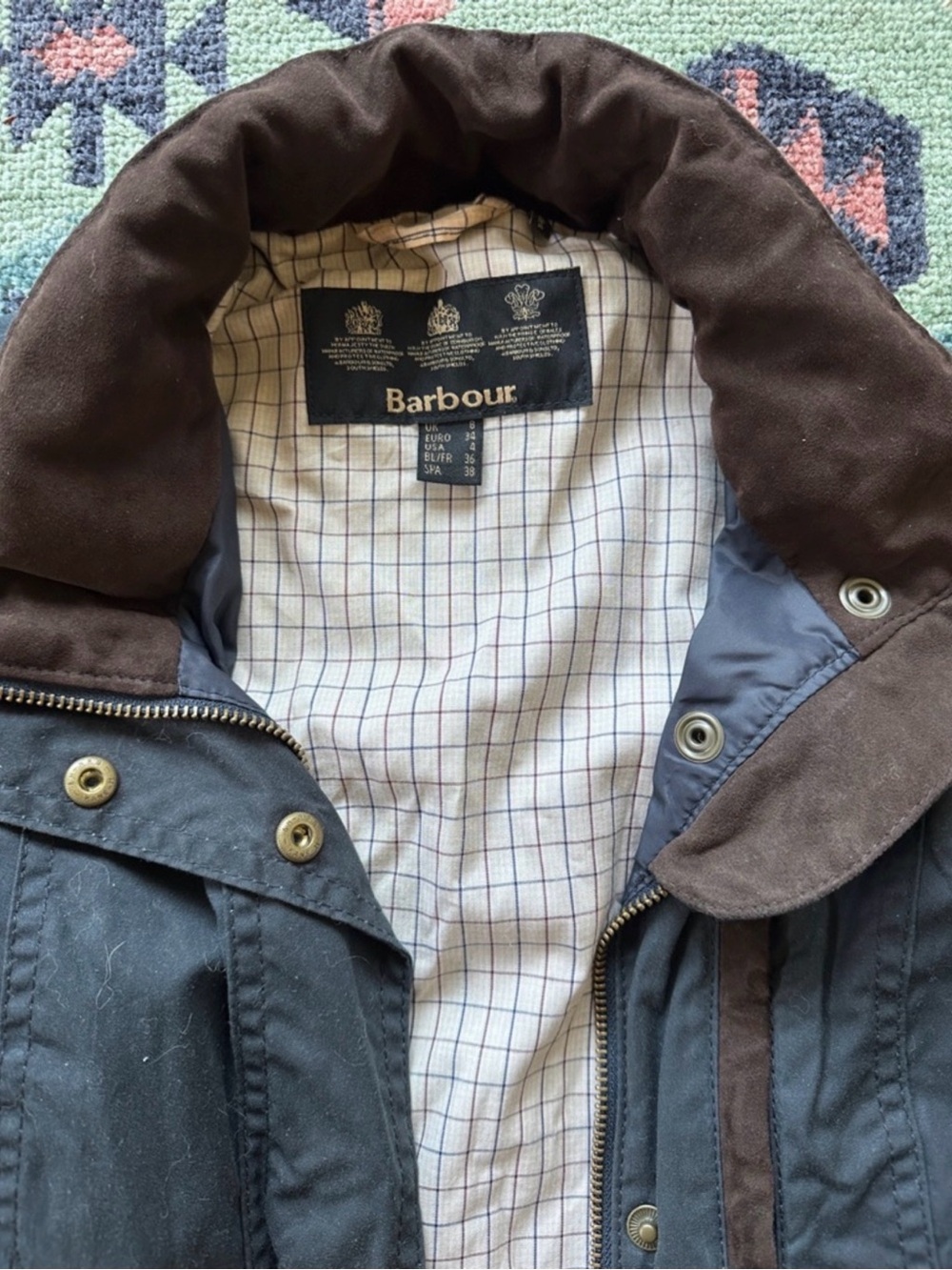 Barbour Women’s size 4 Navy Waxed Cotton Jacket with Brown Trim - Picture 3 of 5